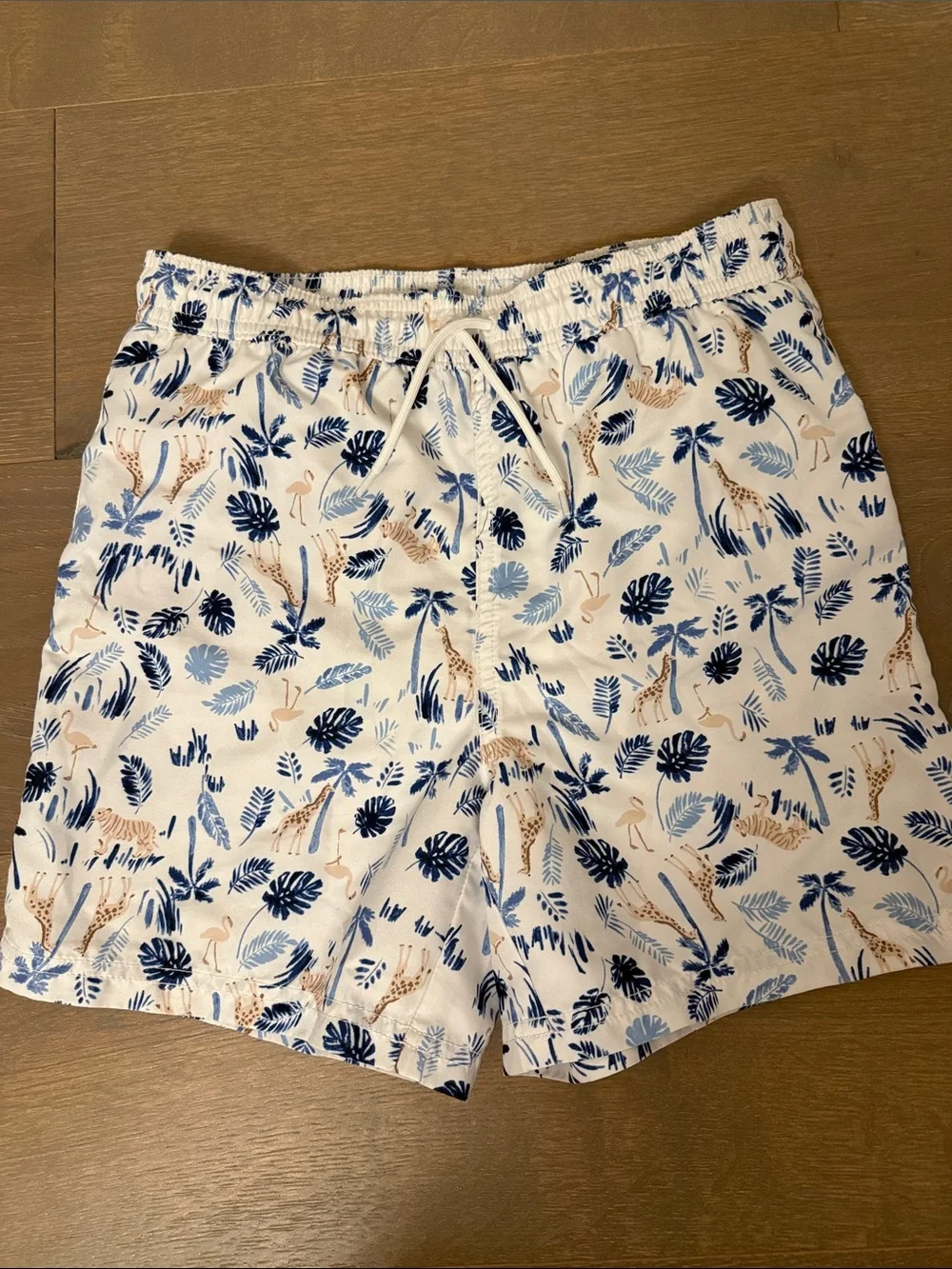 Janie and Jack White Swim Trunks with Blue and Tan Safari Print